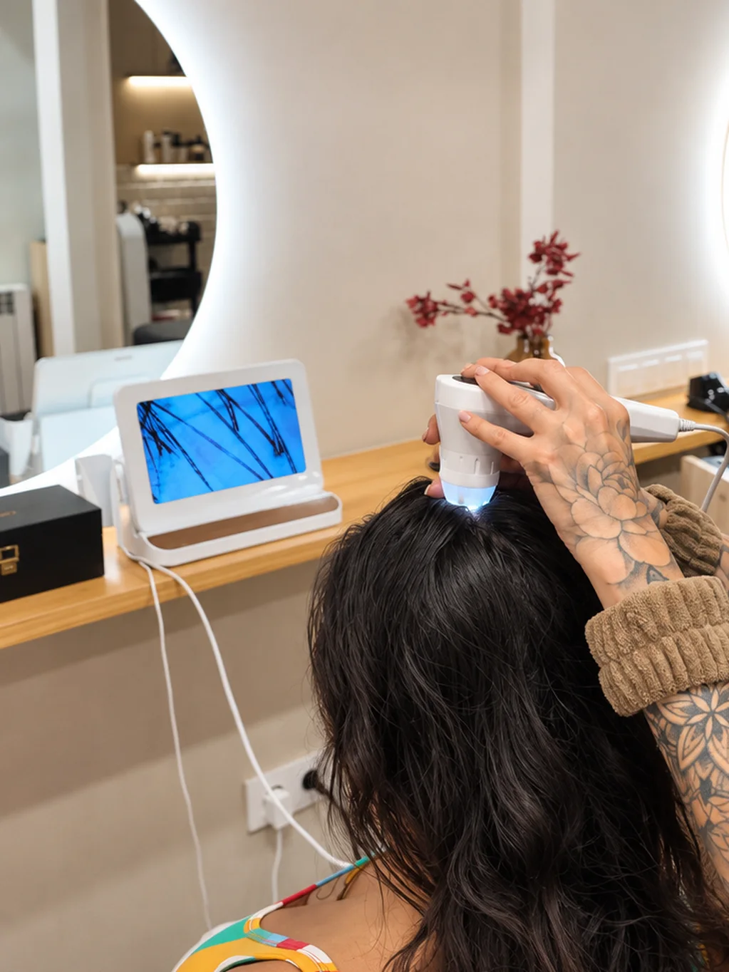 Diagnóstico del picor en el cuero cabelludo con la microcámara del salón: la piel y el cabello aumentados en pantalla